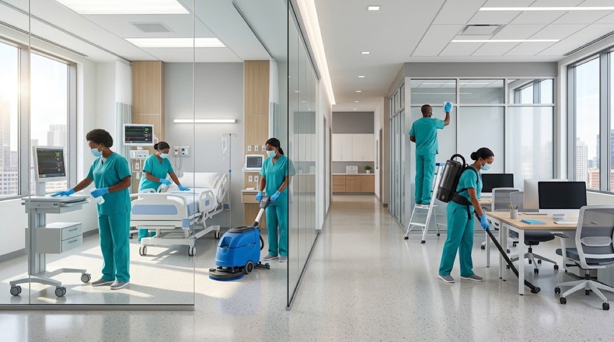 Technicians cleaning a medical facility