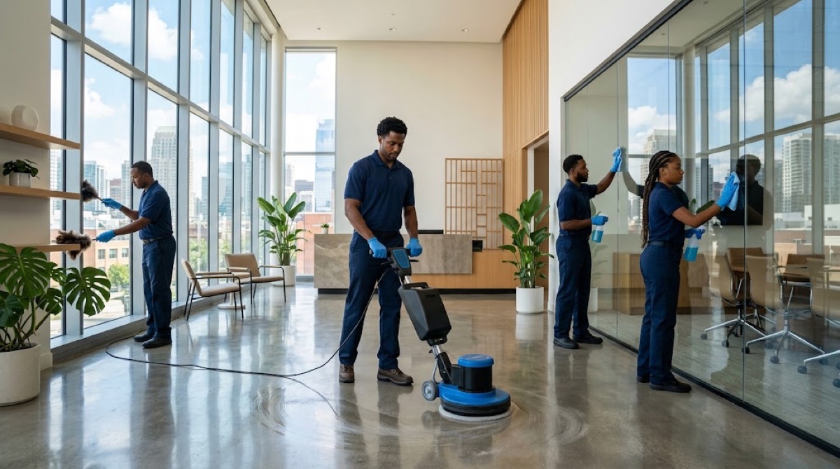 C.A.T. team buffing floors and cleaning glass in an office