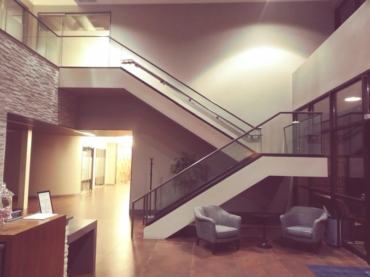 Clean corporate lobby with staircase