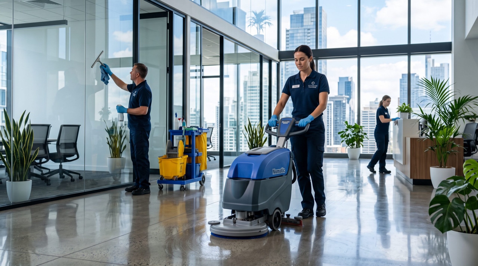 Cleaning technicians washing windows and scrubbing the floor of an office lobby