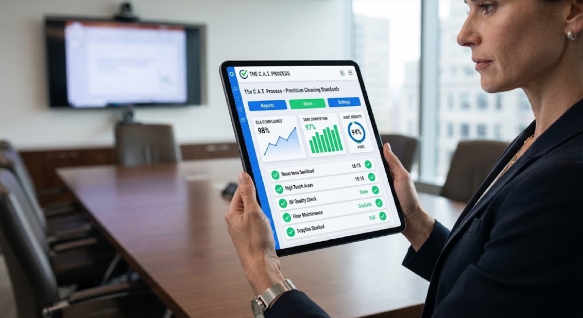 Reviewing the cleaning process on a tablet
