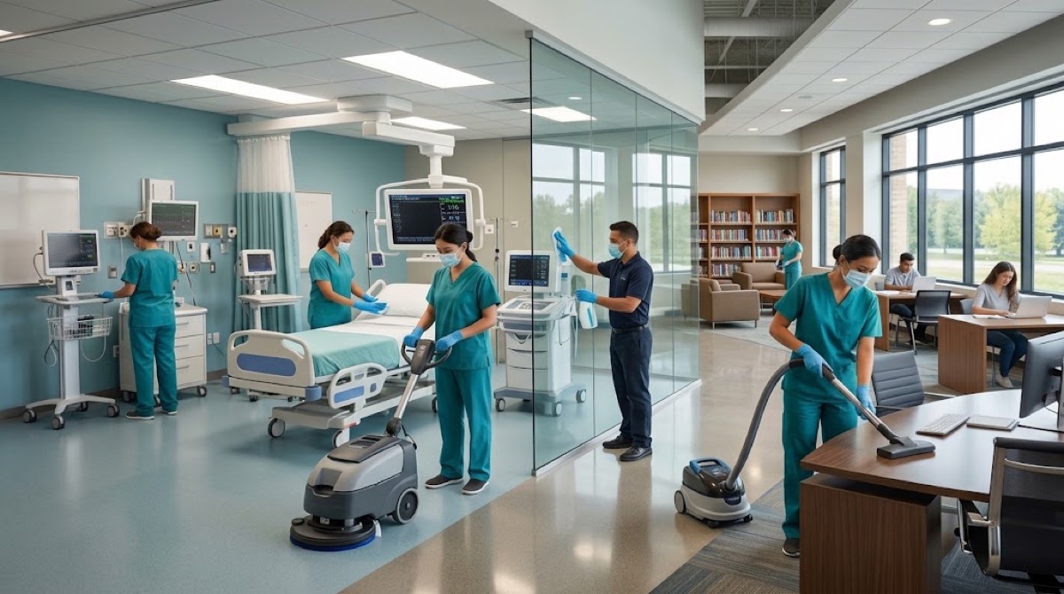 Technicians cleaning a healthcare facility